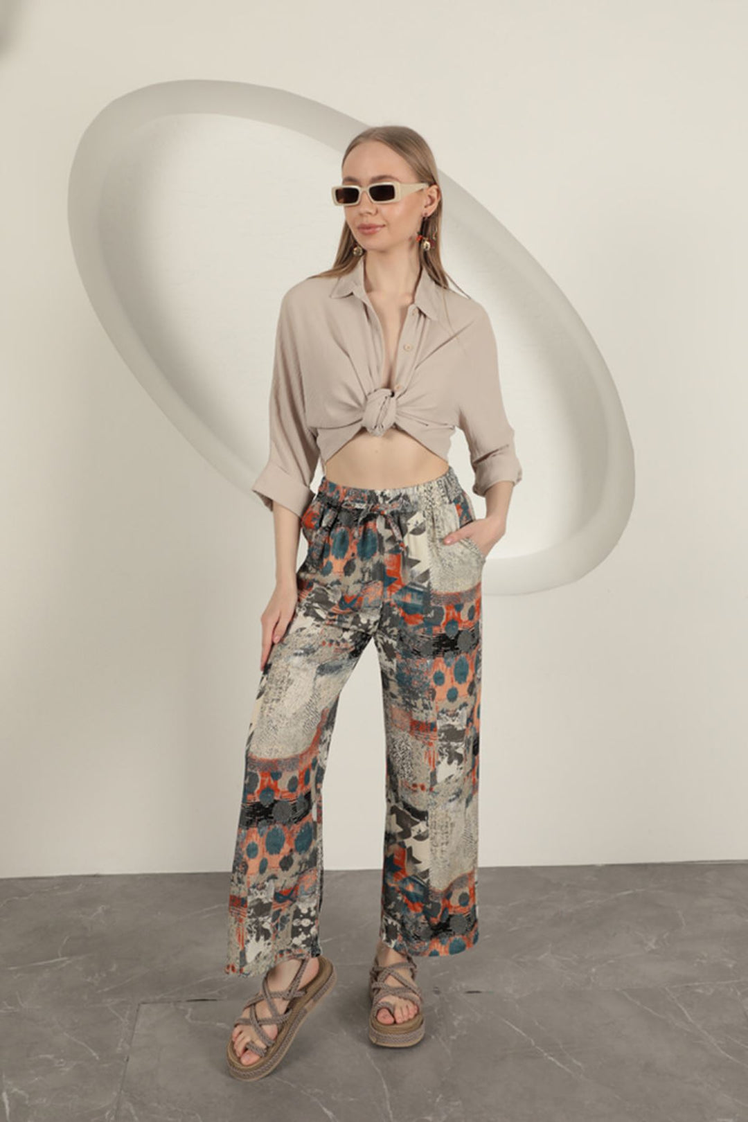 KKT Viscose Fabric Wide Women's Trousers-Beige - Etten-Leur