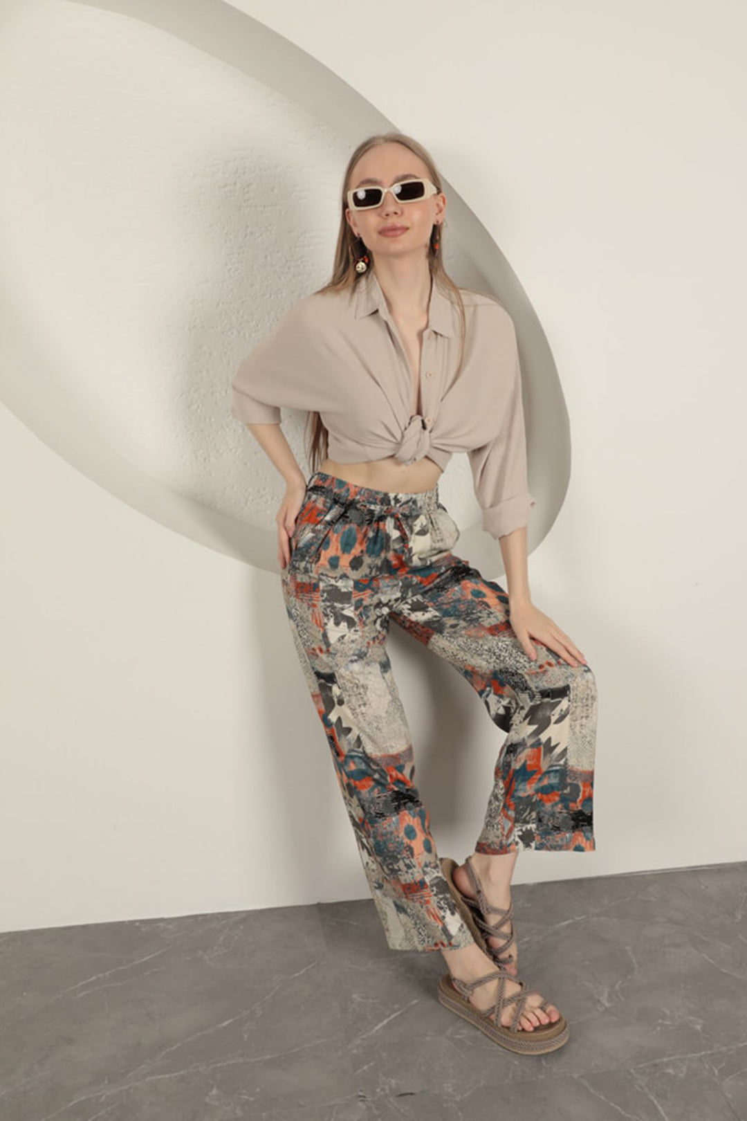 KKT Viscose Fabric Wide Women's Trousers-Beige - Etten-Leur