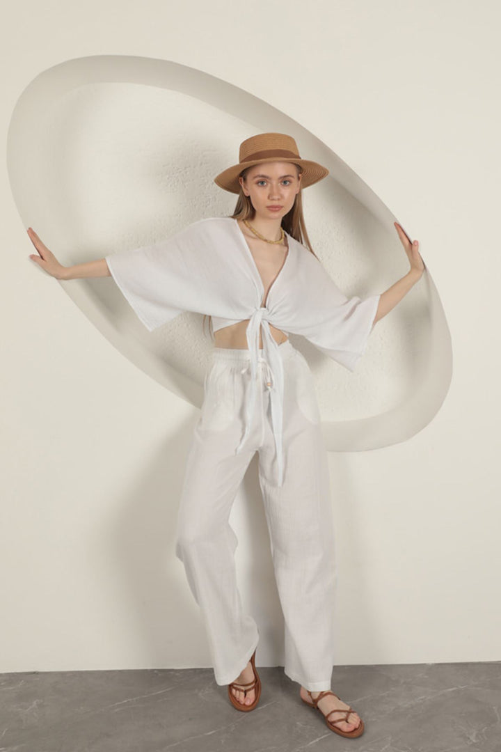 KKT Muslin Fabric Wide Leg Women's Trousers-Ecru - Salvatierra