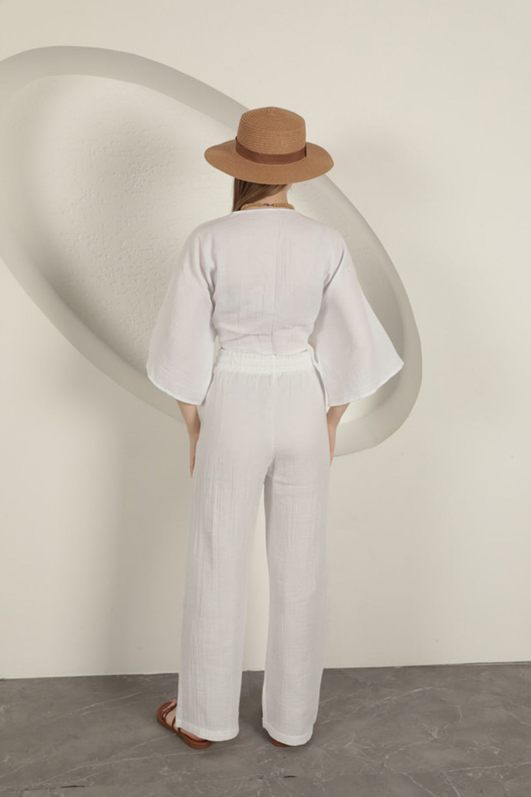KKT Muslin Fabric Wide Leg Women's Trousers-Ecru - Salvatierra