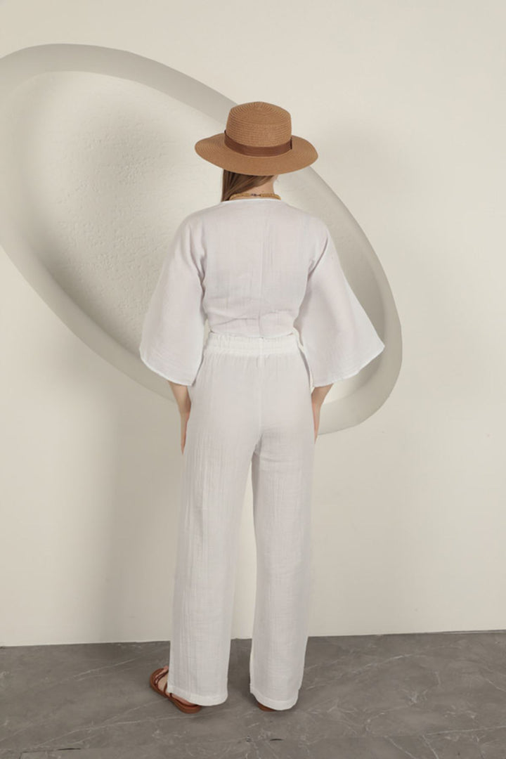 KKT Muslin Fabric Wide Leg Women's Trousers-Ecru - Salvatierra