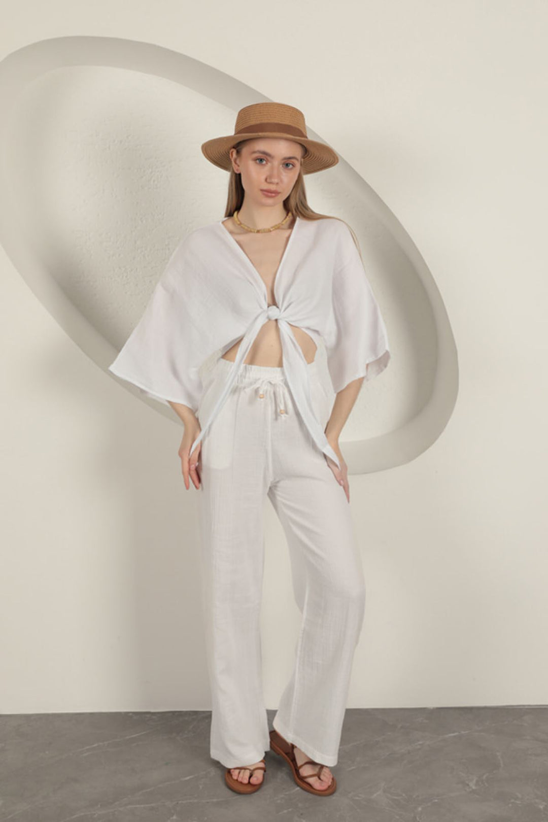 KKT Muslin Fabric Wide Leg Women's Trousers-Ecru - Salvatierra