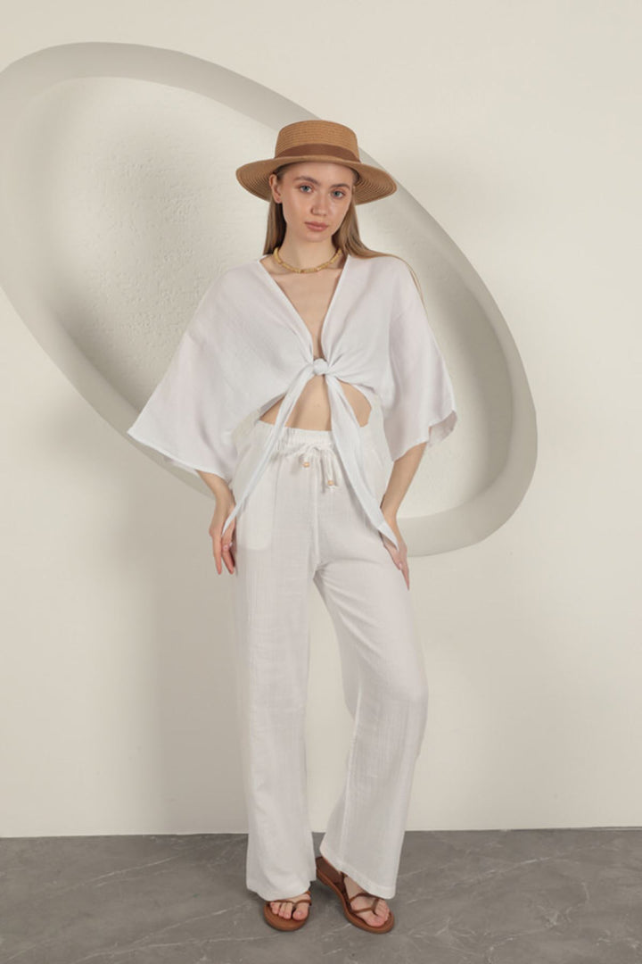 KKT Muslin Fabric Wide Leg Women's Trousers-Ecru - Salvatierra