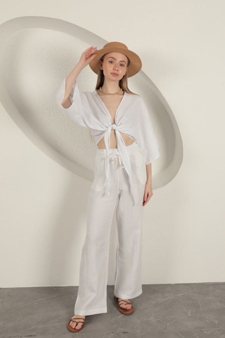 KKT Muslin Fabric Wide Leg Women's Trousers-Ecru - Salvatierra