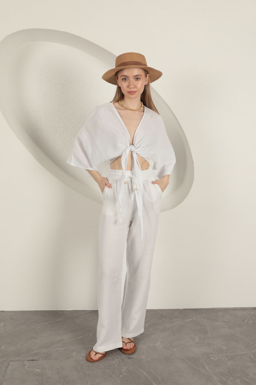 KKT Muslin Fabric Wide Leg Women's Trousers-Ecru - Salvatierra