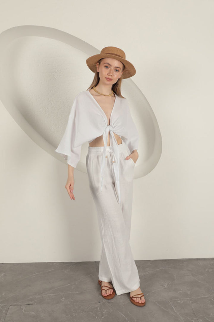 KKT Muslin Fabric Wide Leg Women's Trousers-Ecru - Salvatierra
