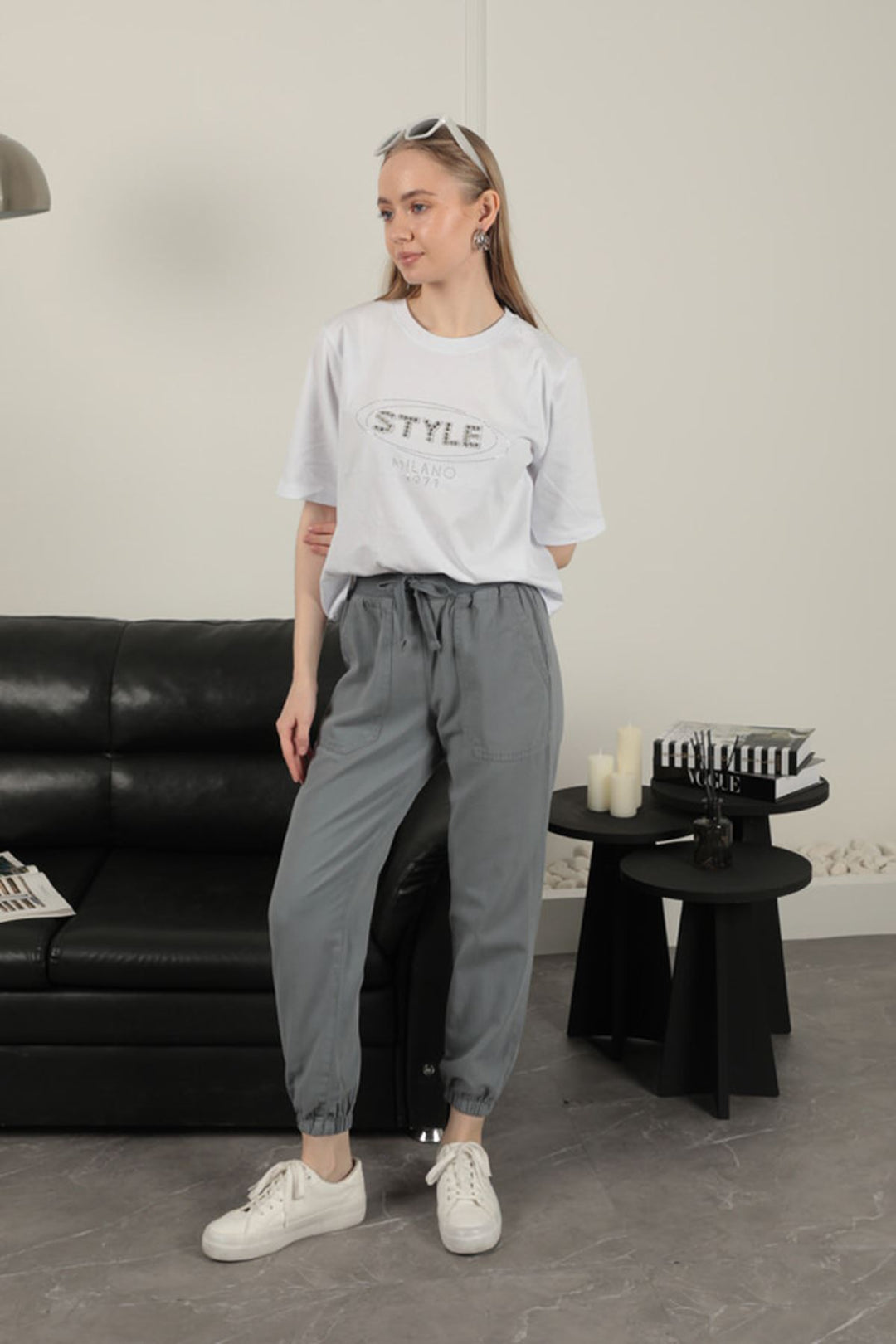 KKT Women's Elastic Leg Trousers-Grey - Saarlouis