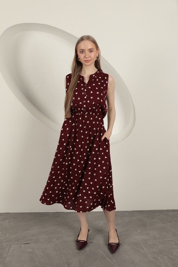 KKT Viscose Fabric Heart Patterned Dress-Burgundy - Ixtlahuacán de los Membrillos