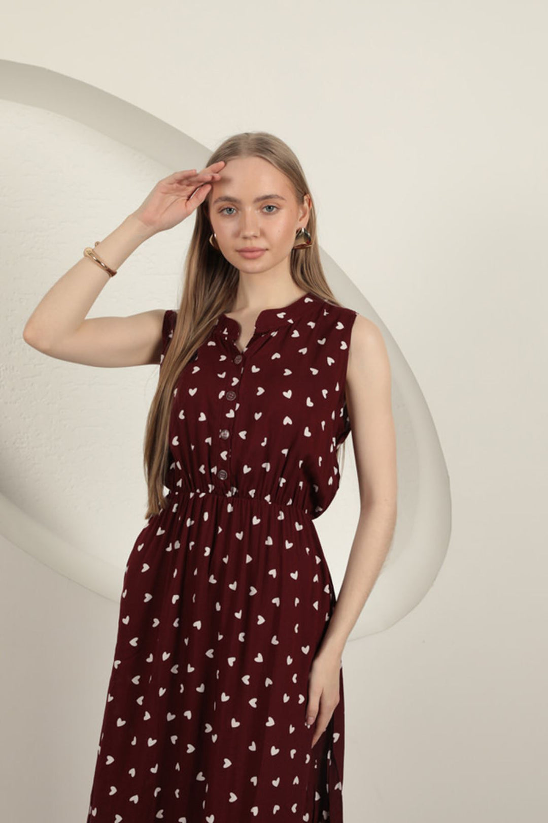 KKT Viscose Fabric Heart Patterned Dress-Burgundy - Ixtlahuacán de los Membrillos