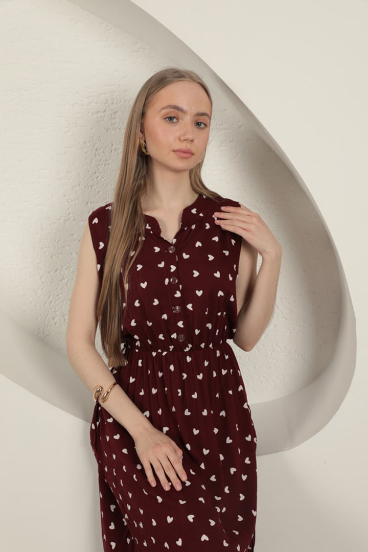 KKT Viscose Fabric Heart Patterned Dress-Burgundy - Ixtlahuacán de los Membrillos