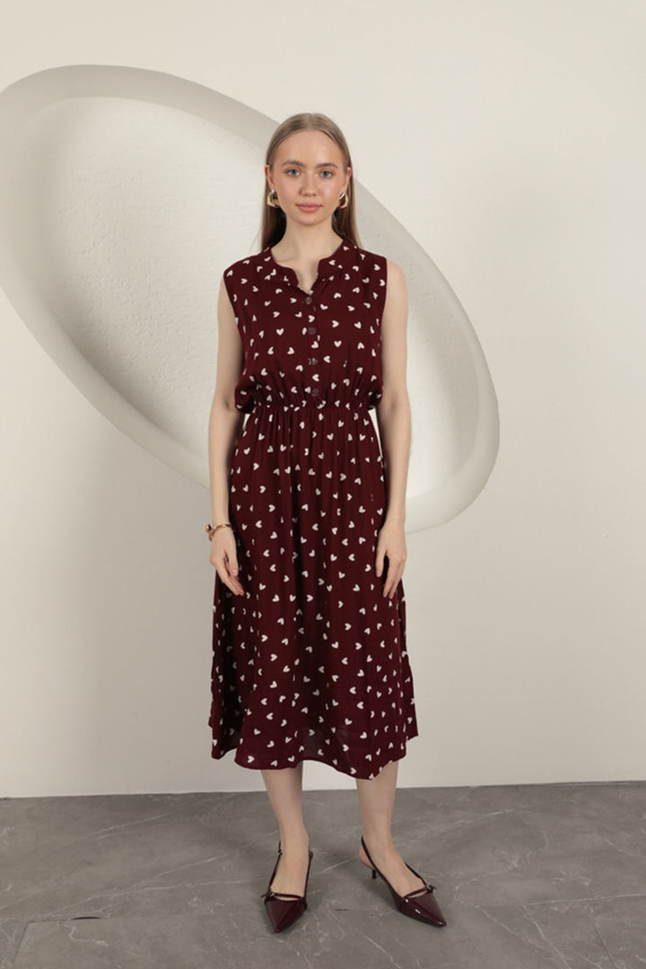 KKT Viscose Fabric Heart Patterned Dress-Burgundy - Ixtlahuacán de los Membrillos