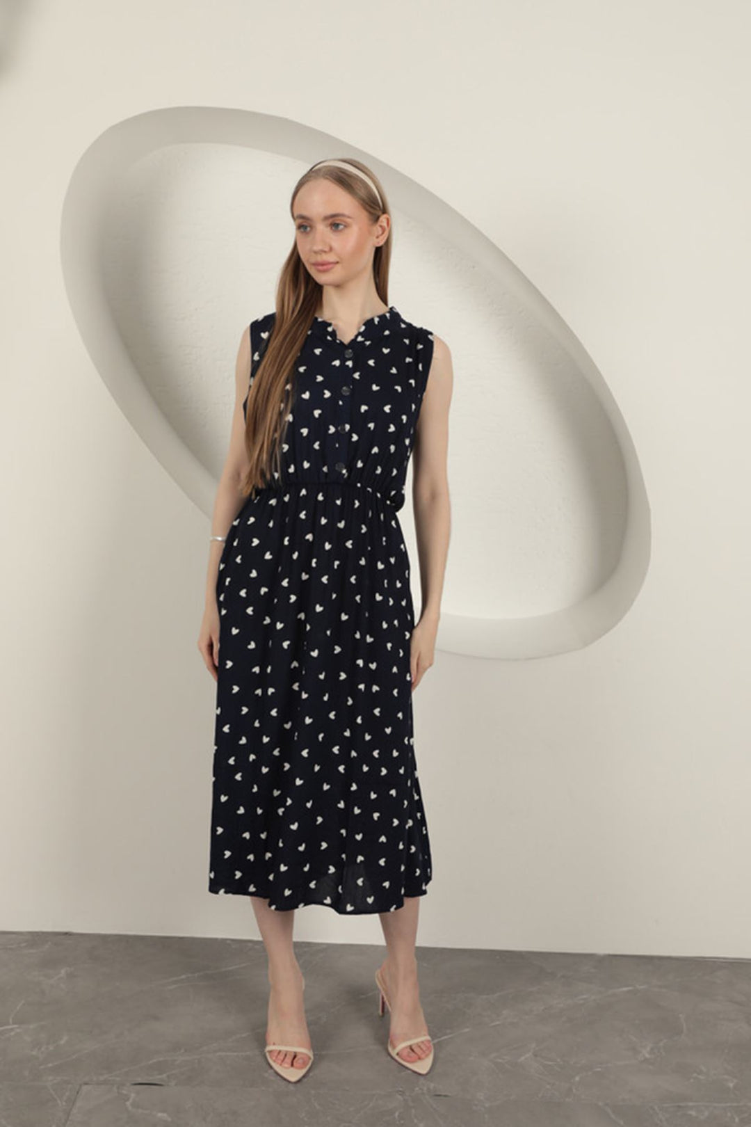 KKT Viscose Fabric Heart Patterned Dress-Navy Blue - Baytown
