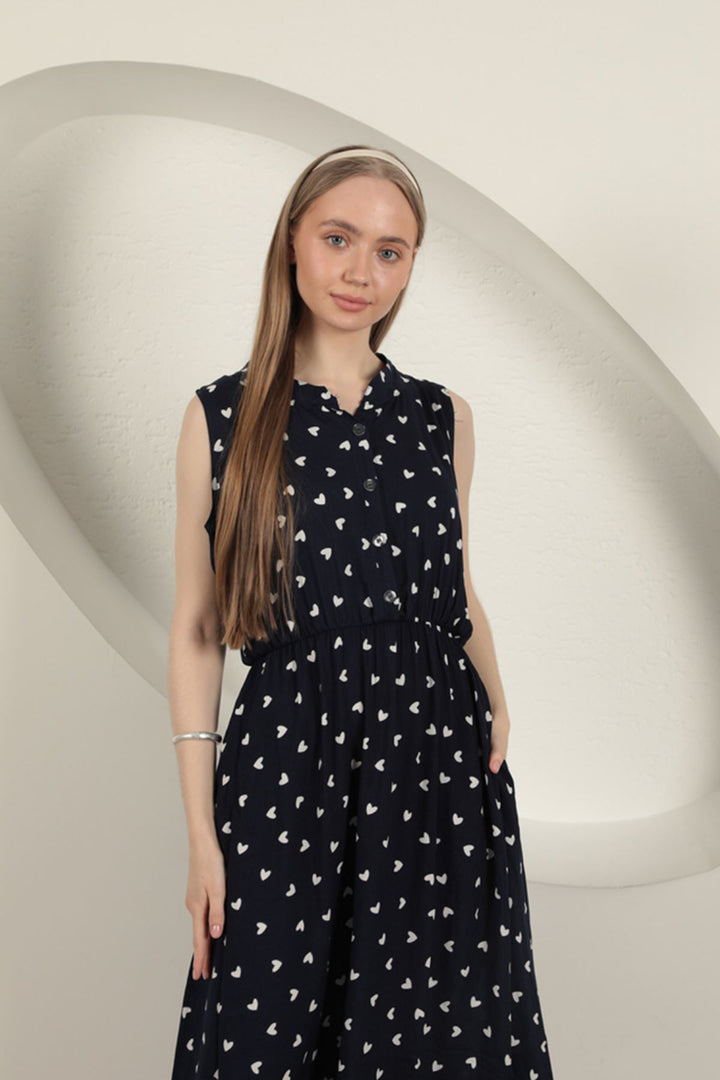 KKT Viscose Fabric Heart Patterned Dress-Navy Blue - Baytown