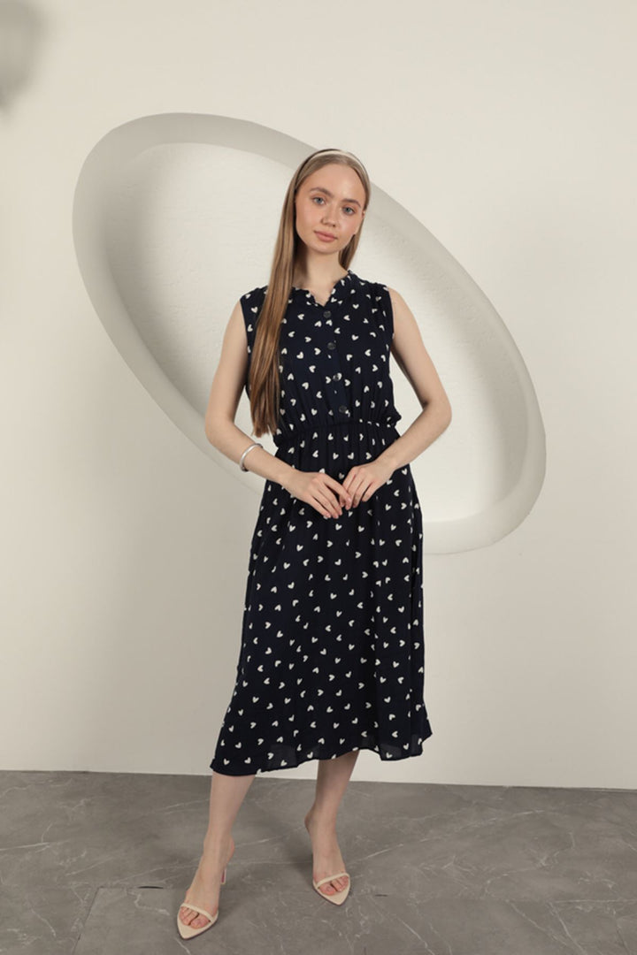 KKT Viscose Fabric Heart Patterned Dress-Navy Blue - Baytown