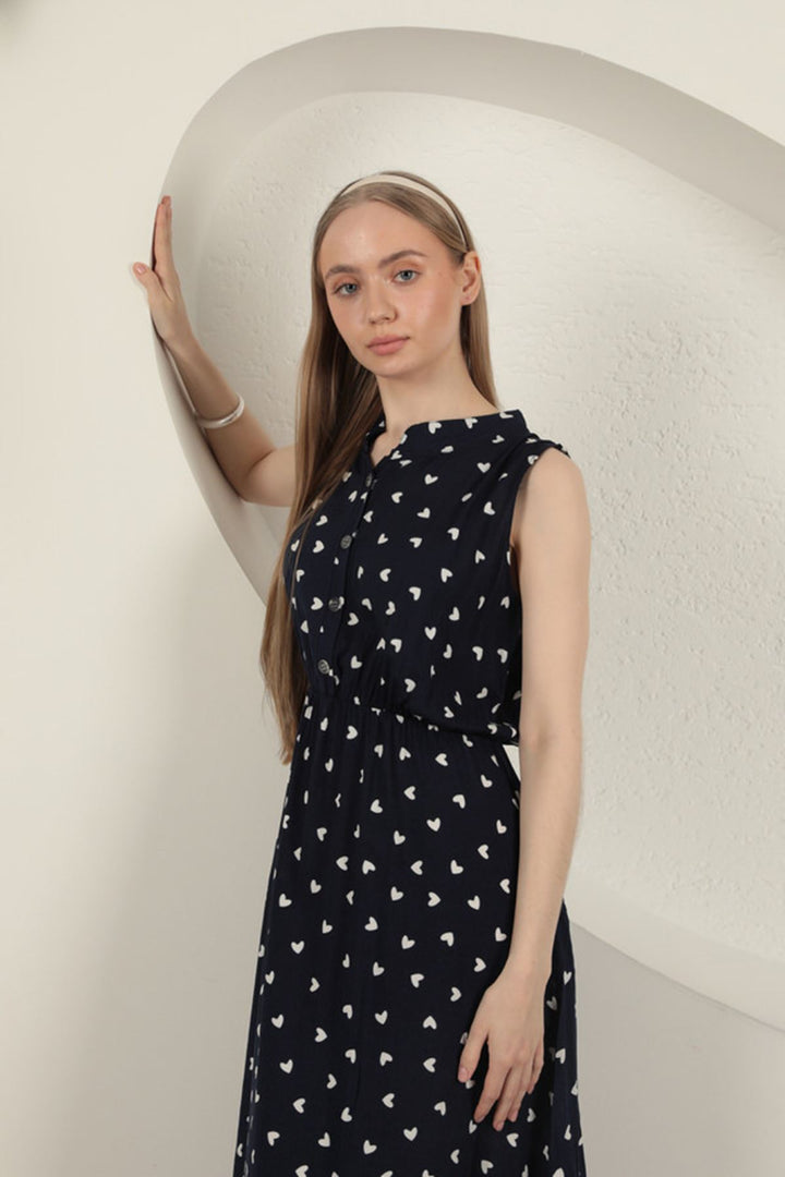 KKT Viscose Fabric Heart Patterned Dress-Navy Blue - Baytown