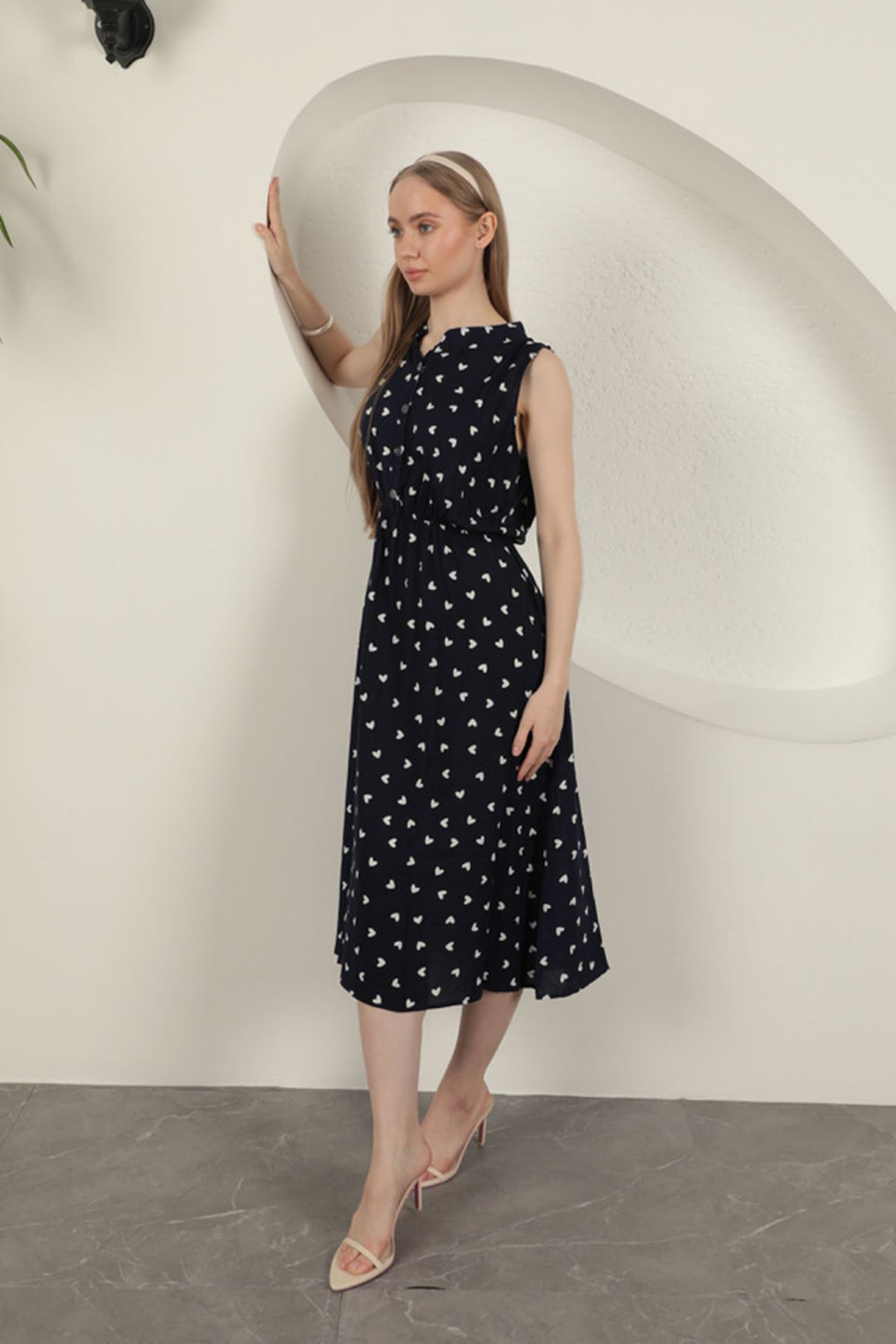 KKT Viscose Fabric Heart Patterned Dress-Navy Blue - Baytown