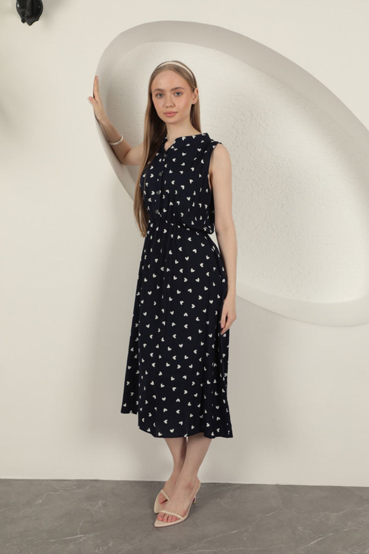 KKT Viscose Fabric Heart Patterned Dress-Navy Blue - Baytown
