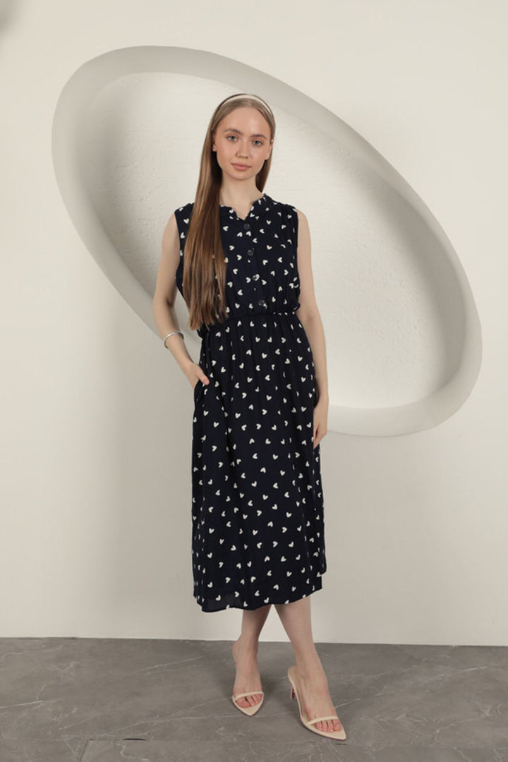 KKT Viscose Fabric Heart Patterned Dress-Navy Blue - Baytown