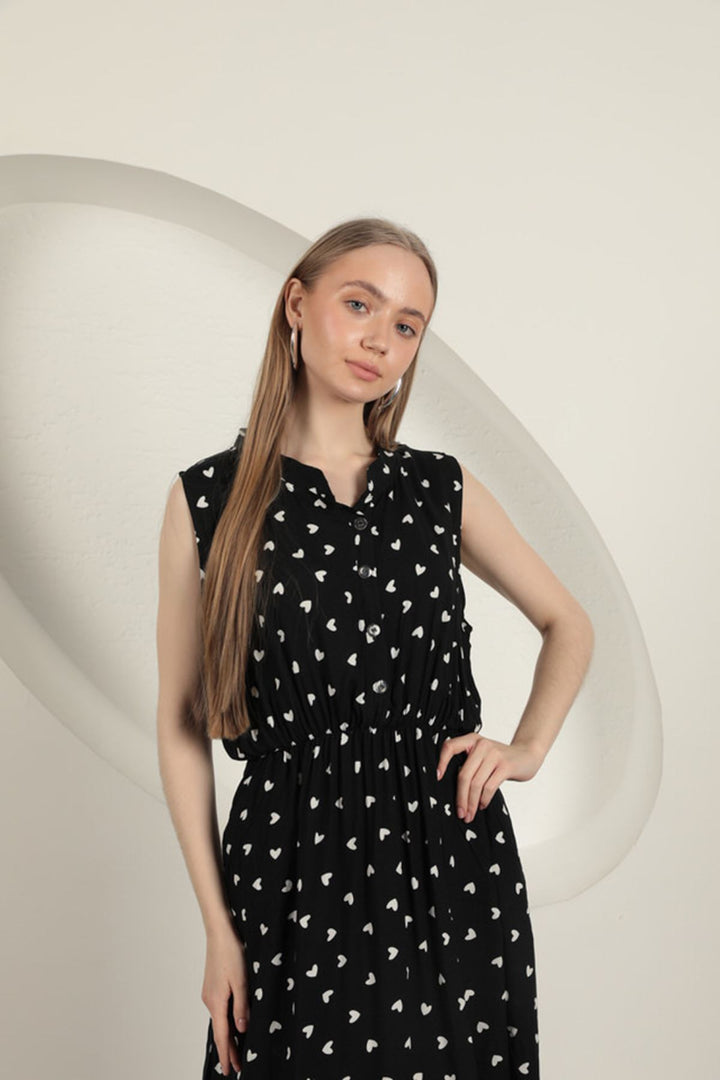 KKT Viscose Fabric Heart Patterned Dress-Black - Álimos