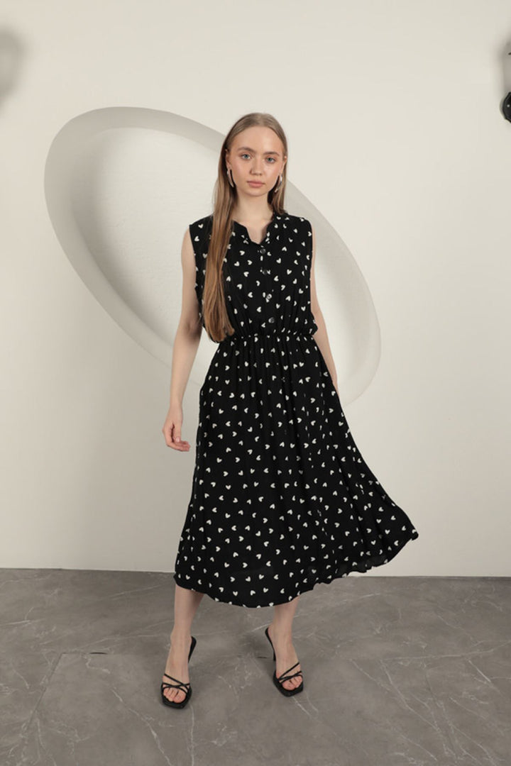 KKT Viscose Fabric Heart Patterned Dress-Black - Álimos