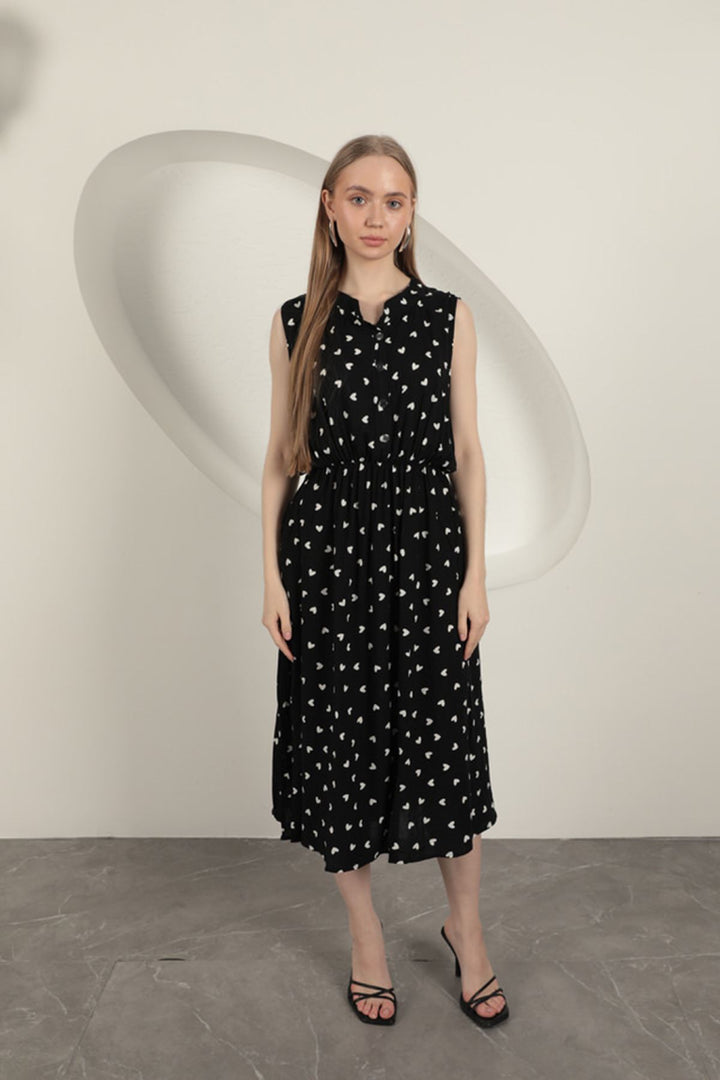 KKT Viscose Fabric Heart Patterned Dress-Black - Álimos