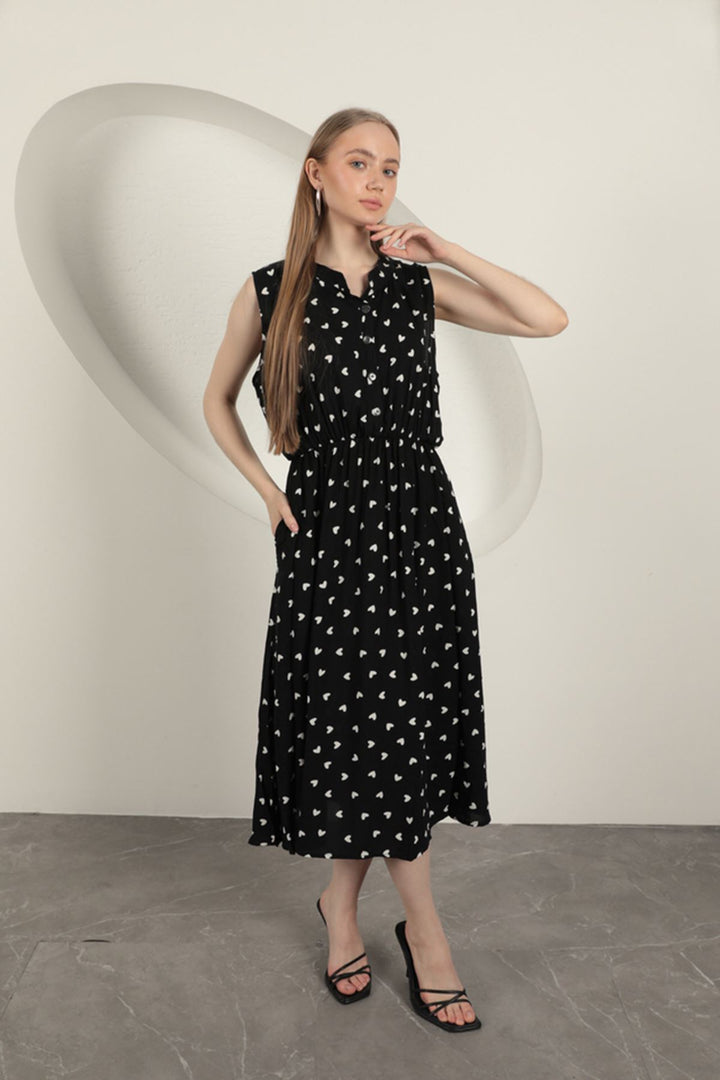 KKT Viscose Fabric Heart Patterned Dress-Black - Álimos