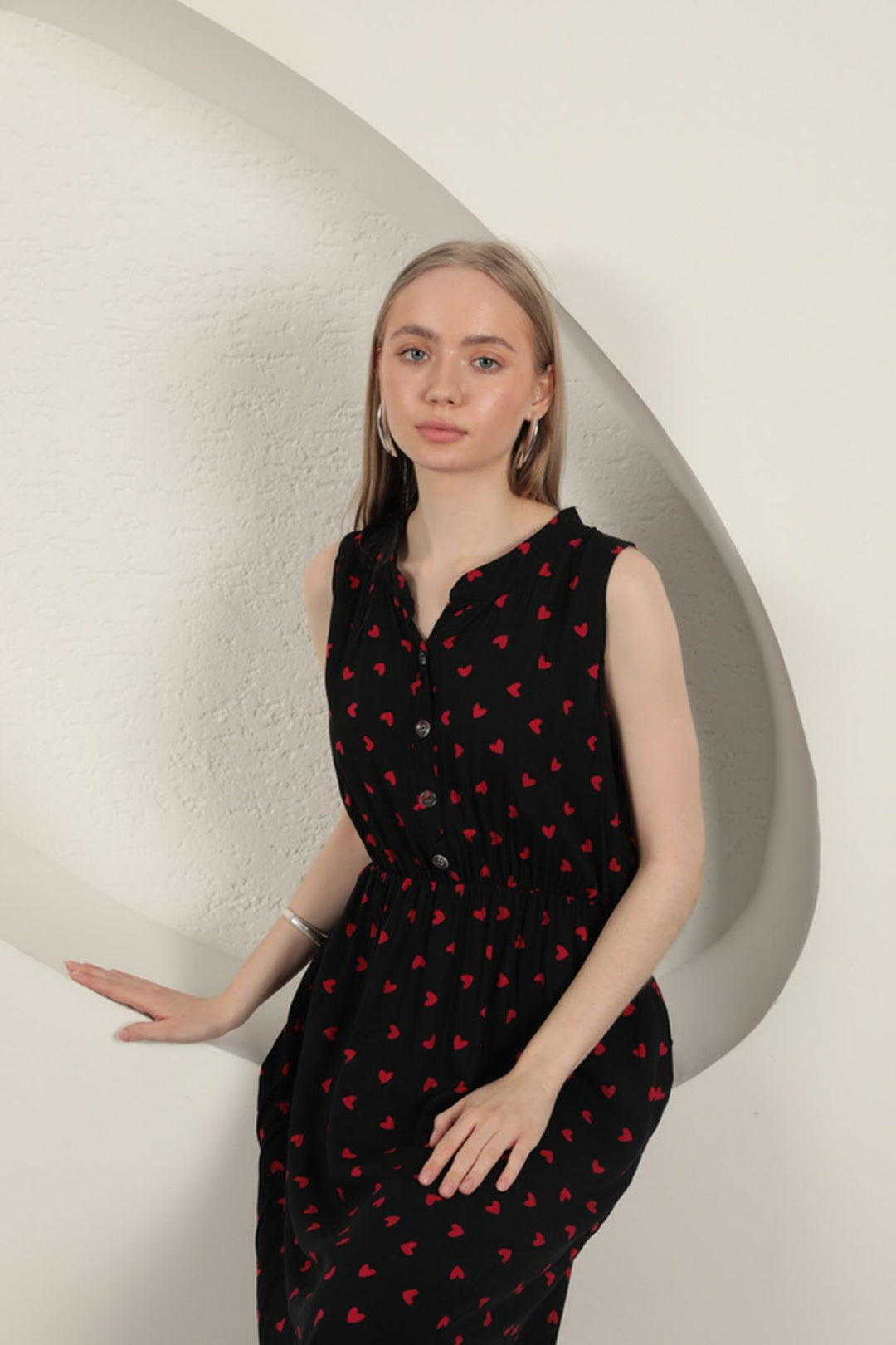 KKT Viscose Fabric Heart Patterned Dress-Black/Red - Manzanillo