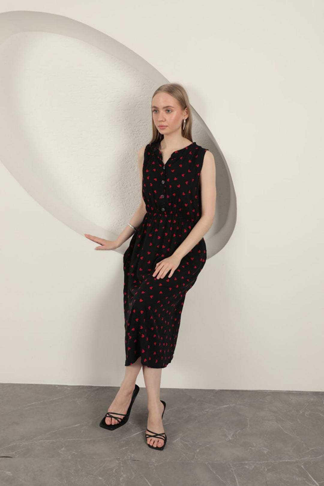 KKT Viscose Fabric Heart Patterned Dress-Black/Red - Manzanillo