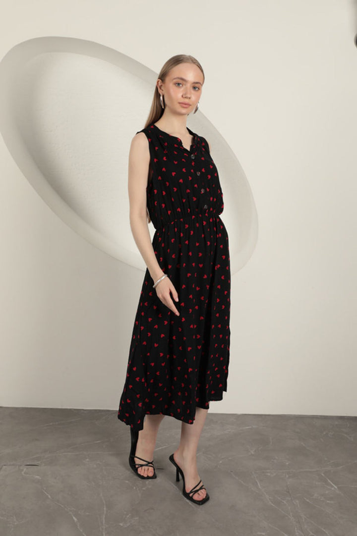 KKT Viscose Fabric Heart Patterned Dress-Black/Red - Manzanillo