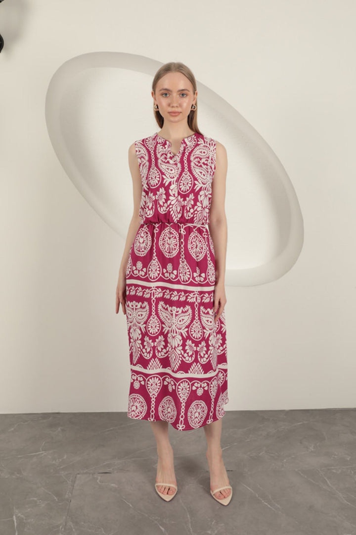 KKT Viscose Fabric Ethnic Patterned Dress-Fuchsia - Zaragoza