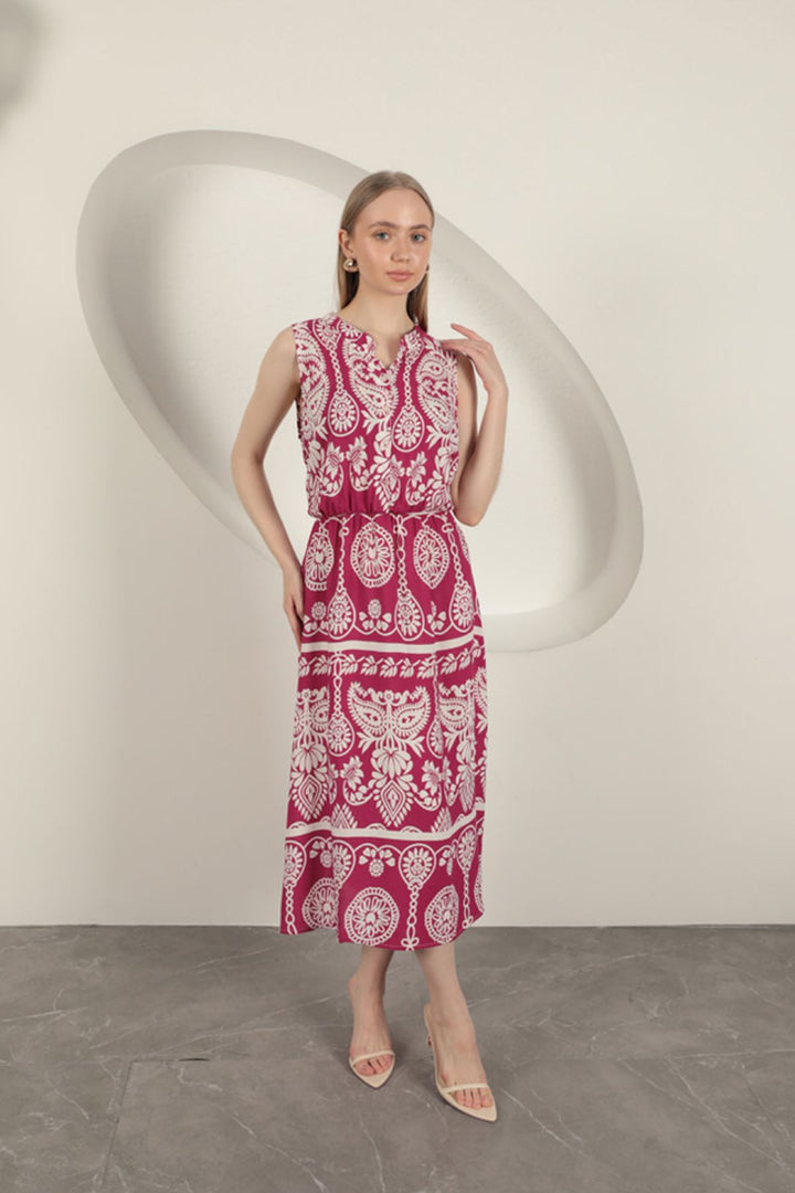 KKT Viscose Fabric Ethnic Patterned Dress-Fuchsia - Zaragoza