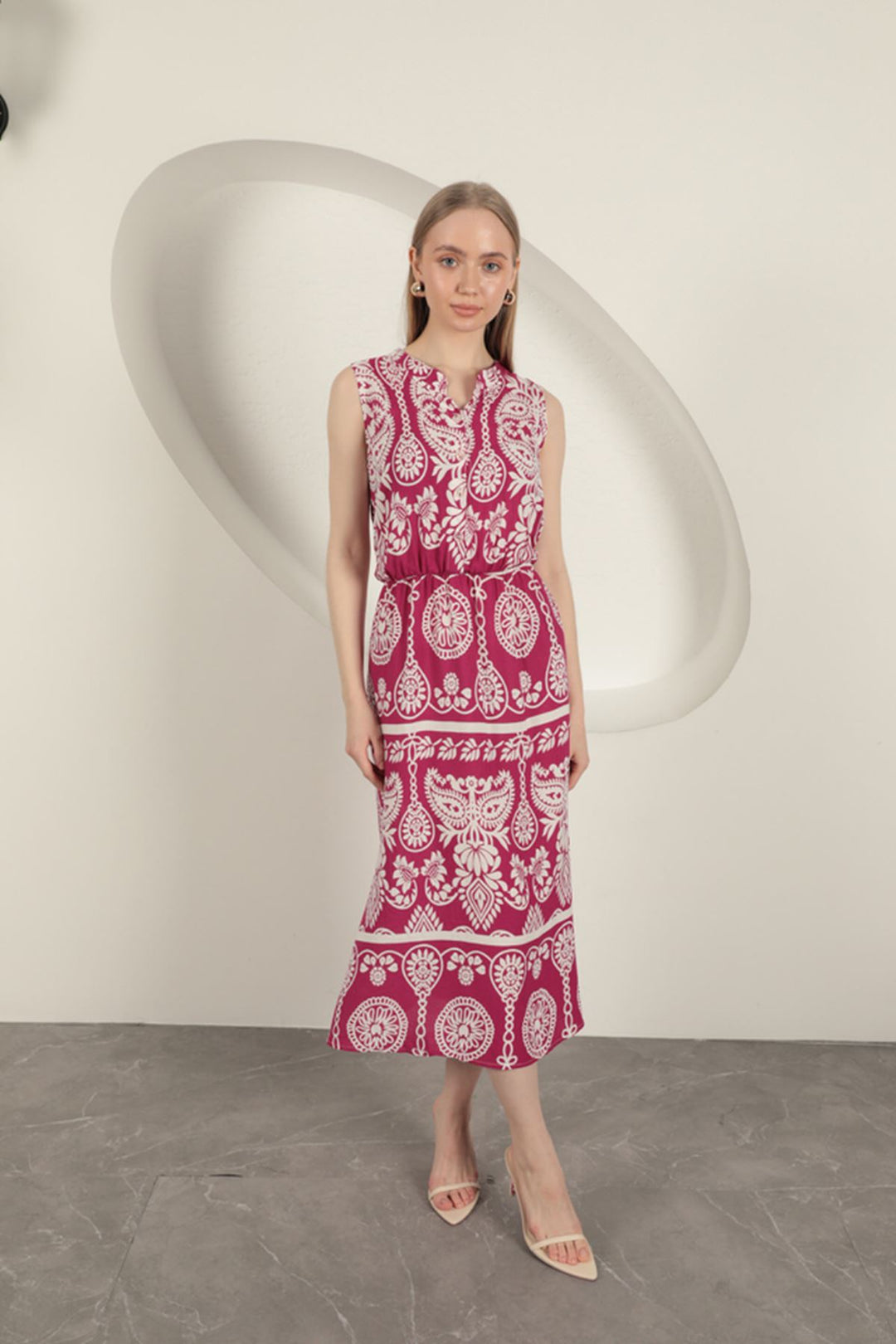 KKT Viscose Fabric Ethnic Patterned Dress-Fuchsia - Zaragoza