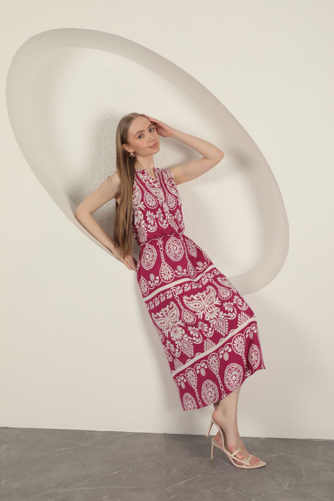 KKT Viscose Fabric Ethnic Patterned Dress-Fuchsia - Zaragoza