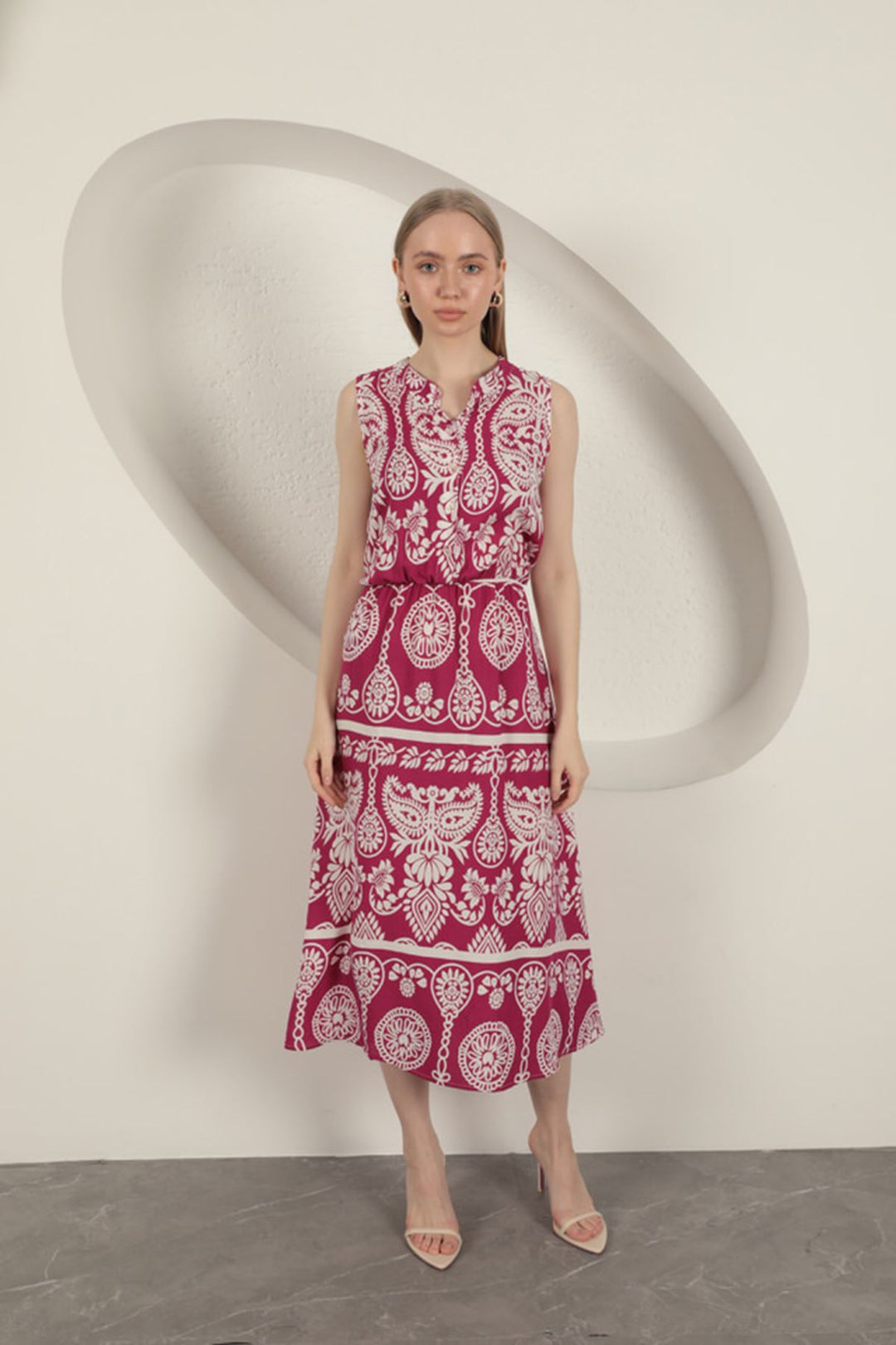 KKT Viscose Fabric Ethnic Patterned Dress-Fuchsia - Zaragoza