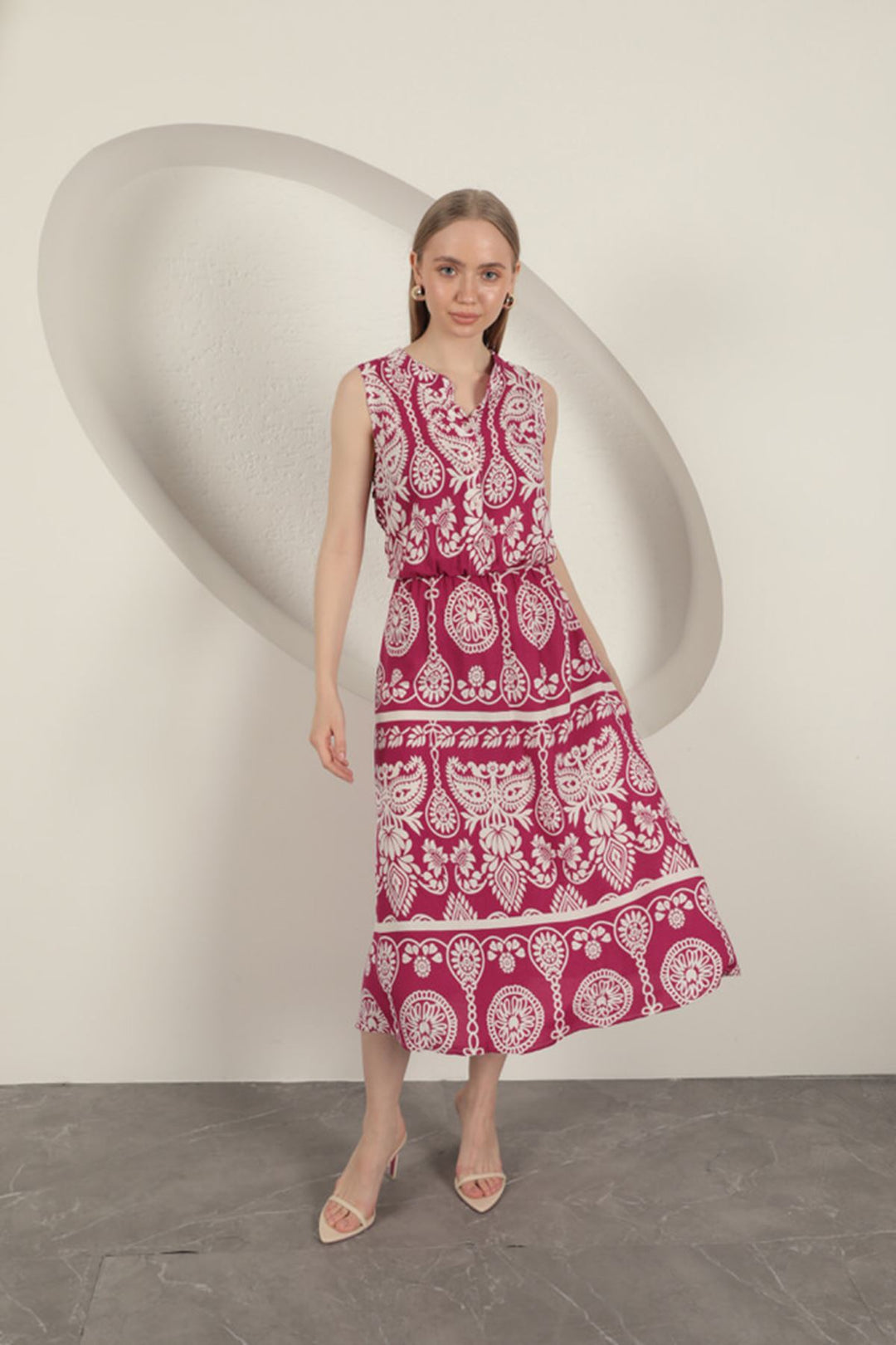 KKT Viscose Fabric Ethnic Patterned Dress-Fuchsia - Zaragoza