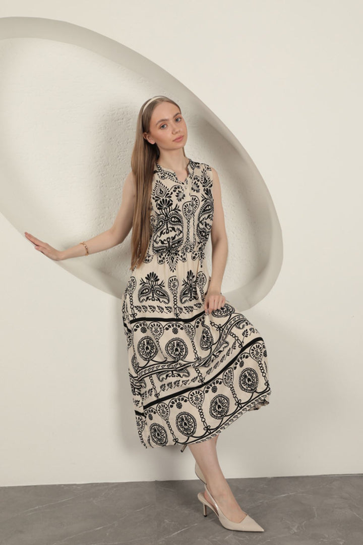 KKT Viscose Fabric Ethnic Patterned Dress-Ecru - Reutlingen