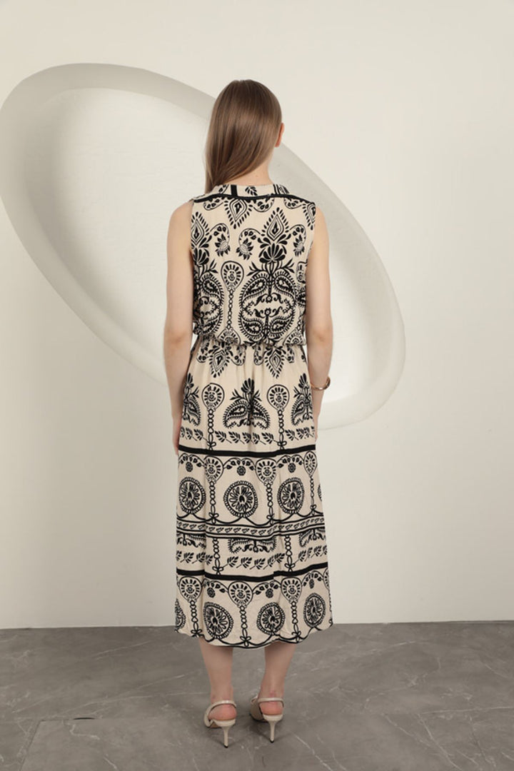 KKT Viscose Fabric Ethnic Patterned Dress-Ecru - Reutlingen