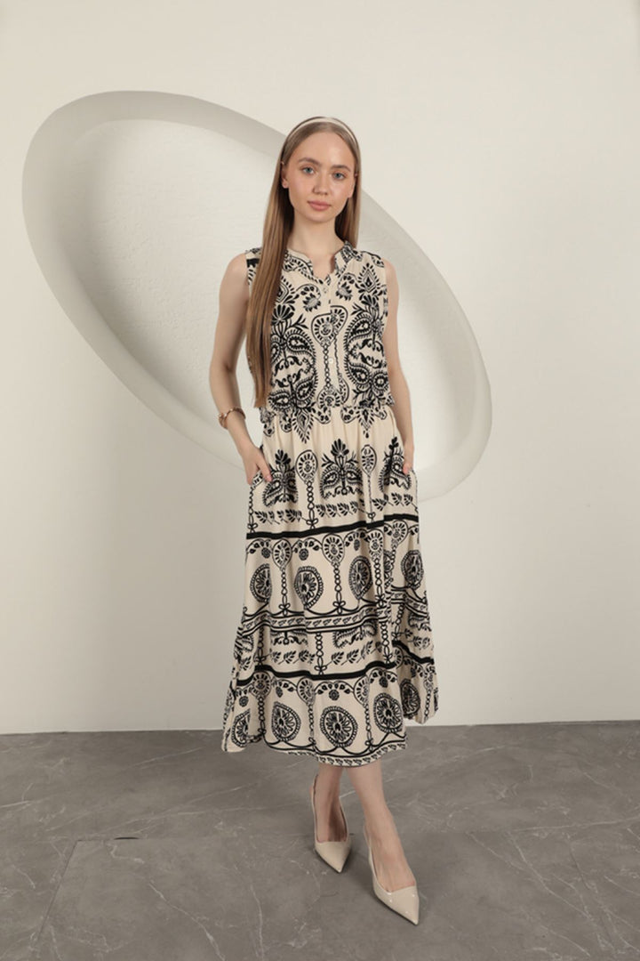 KKT Viscose Fabric Ethnic Patterned Dress-Ecru - Reutlingen
