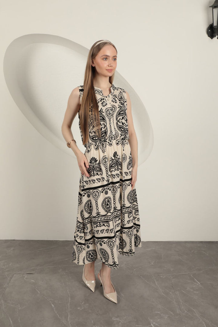 KKT Viscose Fabric Ethnic Patterned Dress-Ecru - Reutlingen