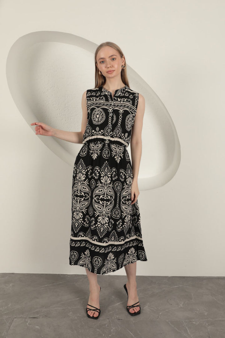 KKT Viscose Fabric Ethnic Patterned Dress-Black - Torrington