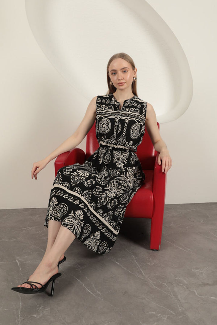 KKT Viscose Fabric Ethnic Patterned Dress-Black - Torrington