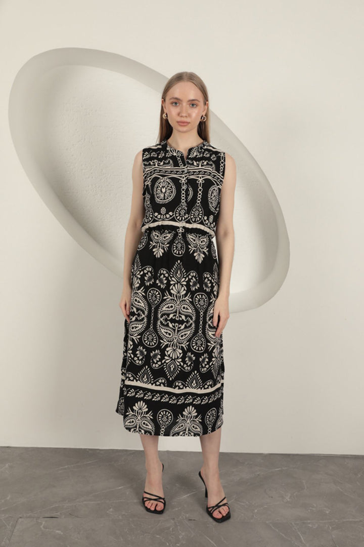 KKT Viscose Fabric Ethnic Patterned Dress-Black - Torrington