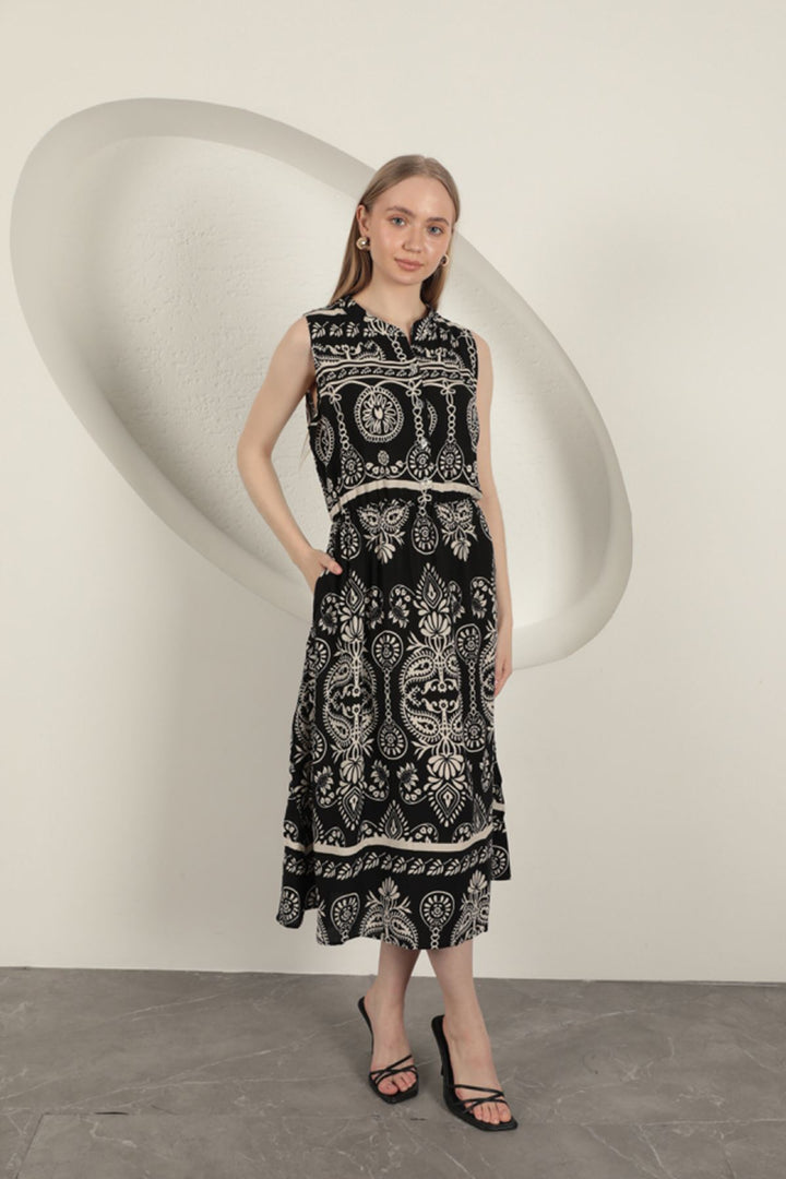 KKT Viscose Fabric Ethnic Patterned Dress-Black - Torrington