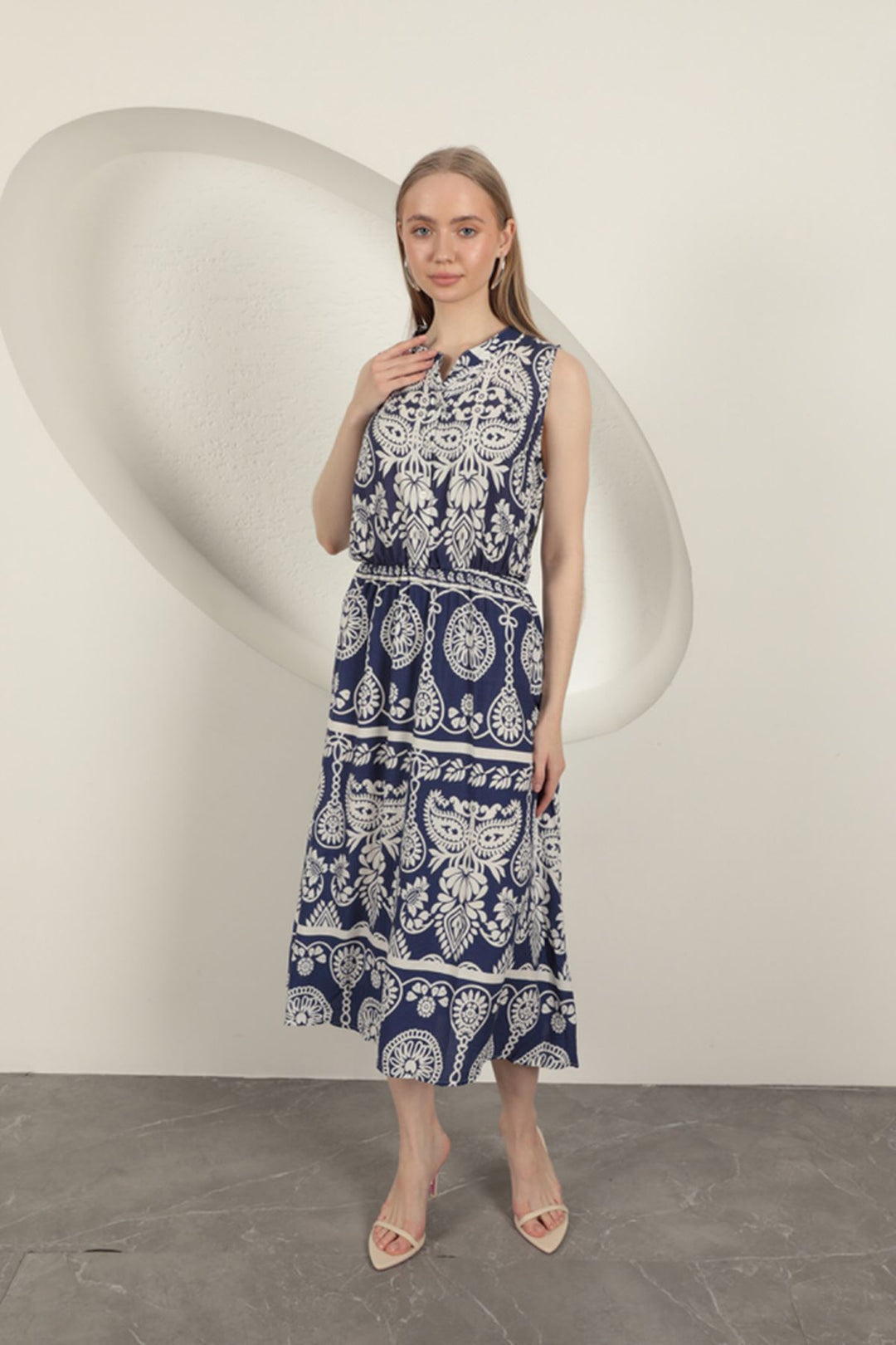 KKT Viscose Fabric Ethnic Patterned Dress-Navy Blue - Rubizhne