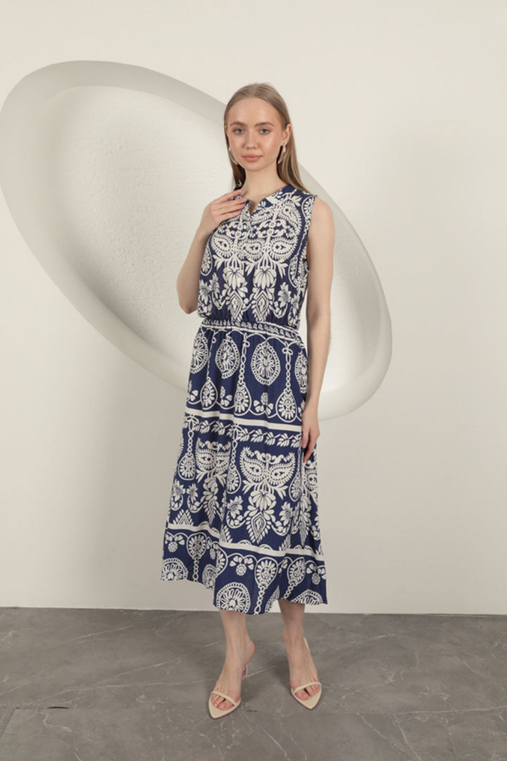 KKT Viscose Fabric Ethnic Patterned Dress-Navy Blue - Rubizhne
