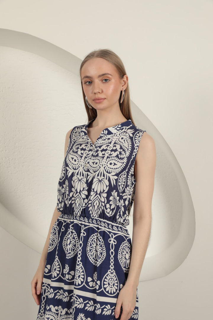 KKT Viscose Fabric Ethnic Patterned Dress-Navy Blue - Rubizhne