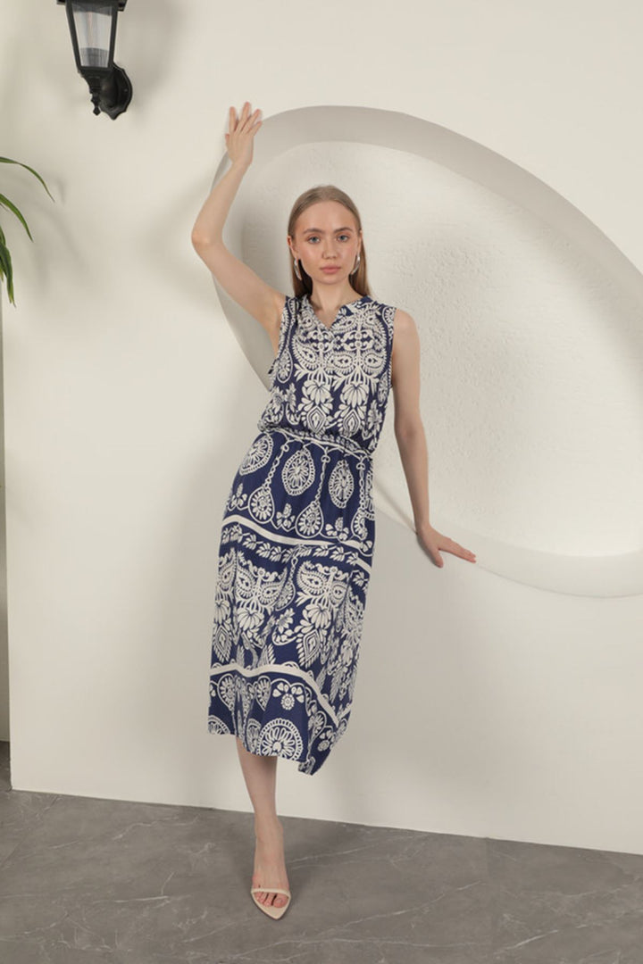 KKT Viscose Fabric Ethnic Patterned Dress-Navy Blue - Rubizhne