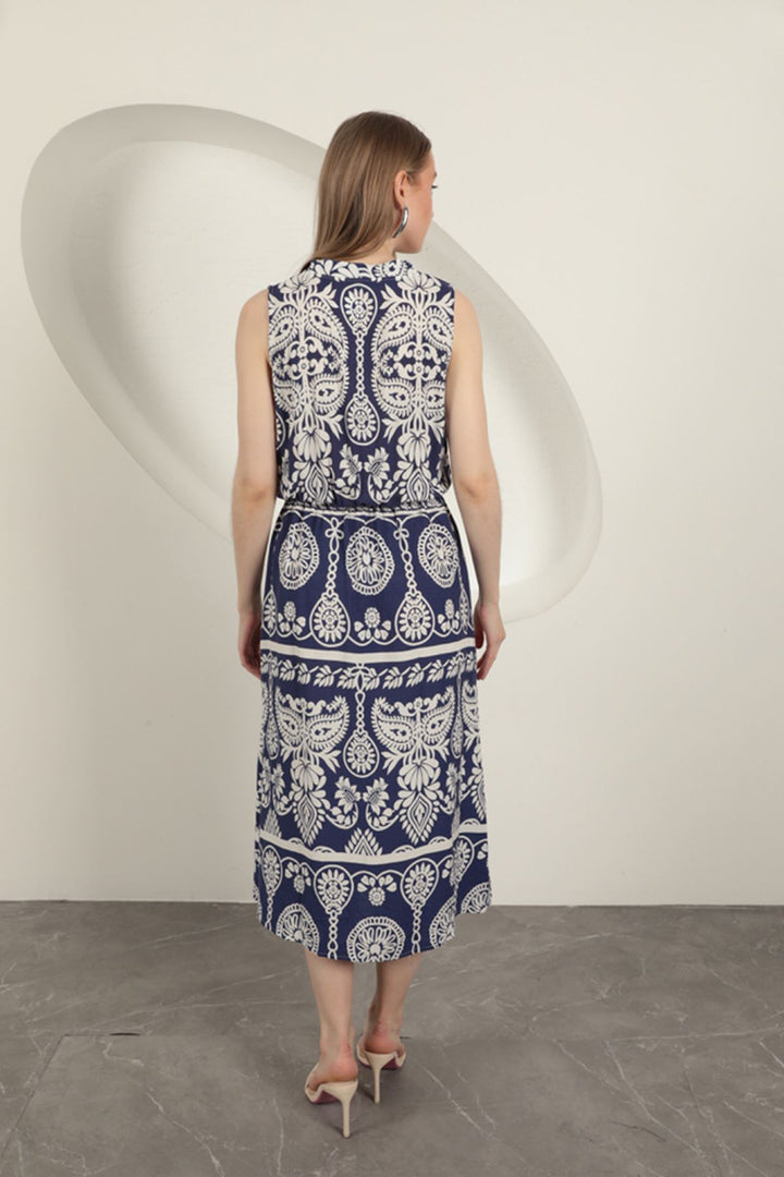 KKT Viscose Fabric Ethnic Patterned Dress-Navy Blue - Rubizhne