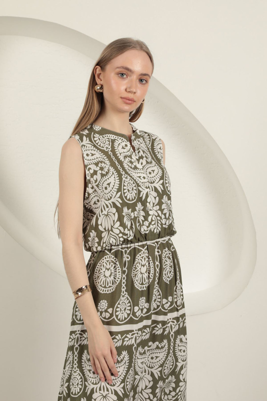 KKT Viscose Fabric Ethnic Patterned Dress-Khaki - Yecla