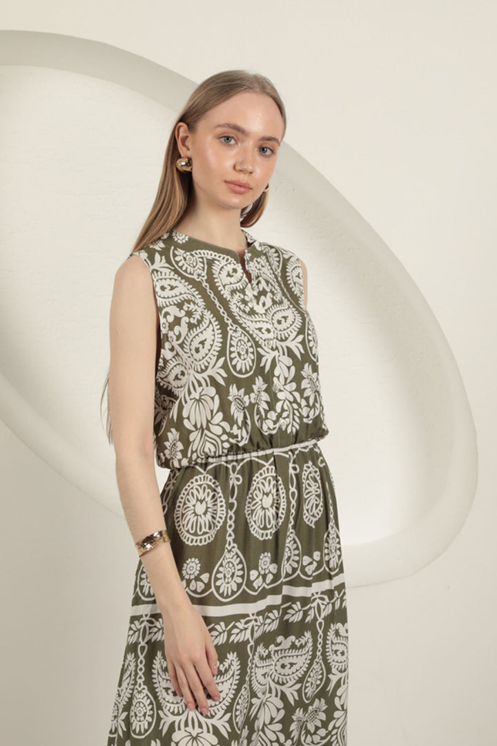 KKT Viscose Fabric Ethnic Patterned Dress-Khaki - Yecla